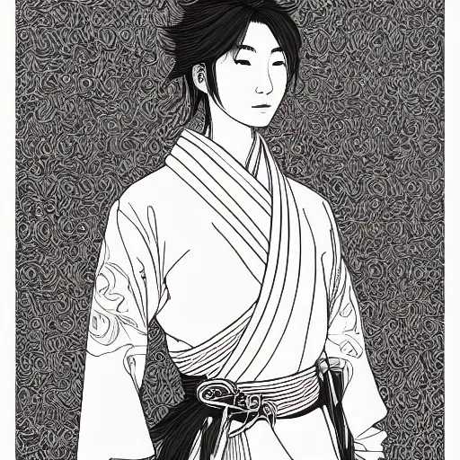 Image similar to the portrait of an unbelievably beautiful, elegant, sensual, and sophisticated young japanese samurai, an ultrafine detailed illustration by james jean, intricate linework, bright colors, final fantasy, behance contest winner, vanitas, angular, altermodern, unreal engine 5 highly rendered, global illumination, radiant light, detailed and intricate environment