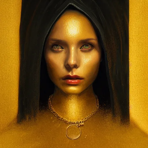 Image similar to a portrait of a young woman wearing a long dark cloak, hood and shadows covering face, holding golden chains, oil painting, matte painting, black background, Volumetric Golden dappled dynamic lighting, Highly Detailed, Cinematic Lighting, Unreal Engine, 8k, HD, by Beksinski