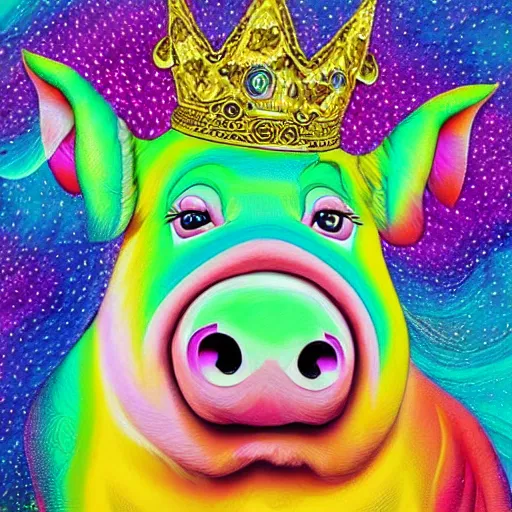 Image similar to lisa frank flexing pig wearing a gold crown painting by android jones