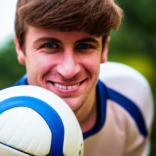 Image similar to photographic portrait of a young white male smiling with short brown hair that sticks up in the front, blue eyes, groomed eyebrows, tapered hairline, sharp jawline, wearing a purple white volleyball jersey, sigma 85mm f/1.4, 15mm, 35mm, 4k, high resolution, 4k, 8k, hd, full color