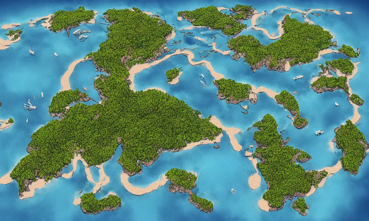 Image similar to archipelago of small islands interconnected by high speed rails, digital art, 3d, illustration