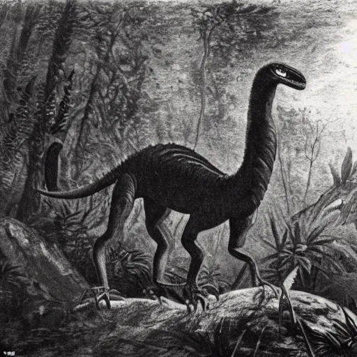 Prompt: daguerrotype of a velociraptor sighting in a dense forest 1 8 8 5