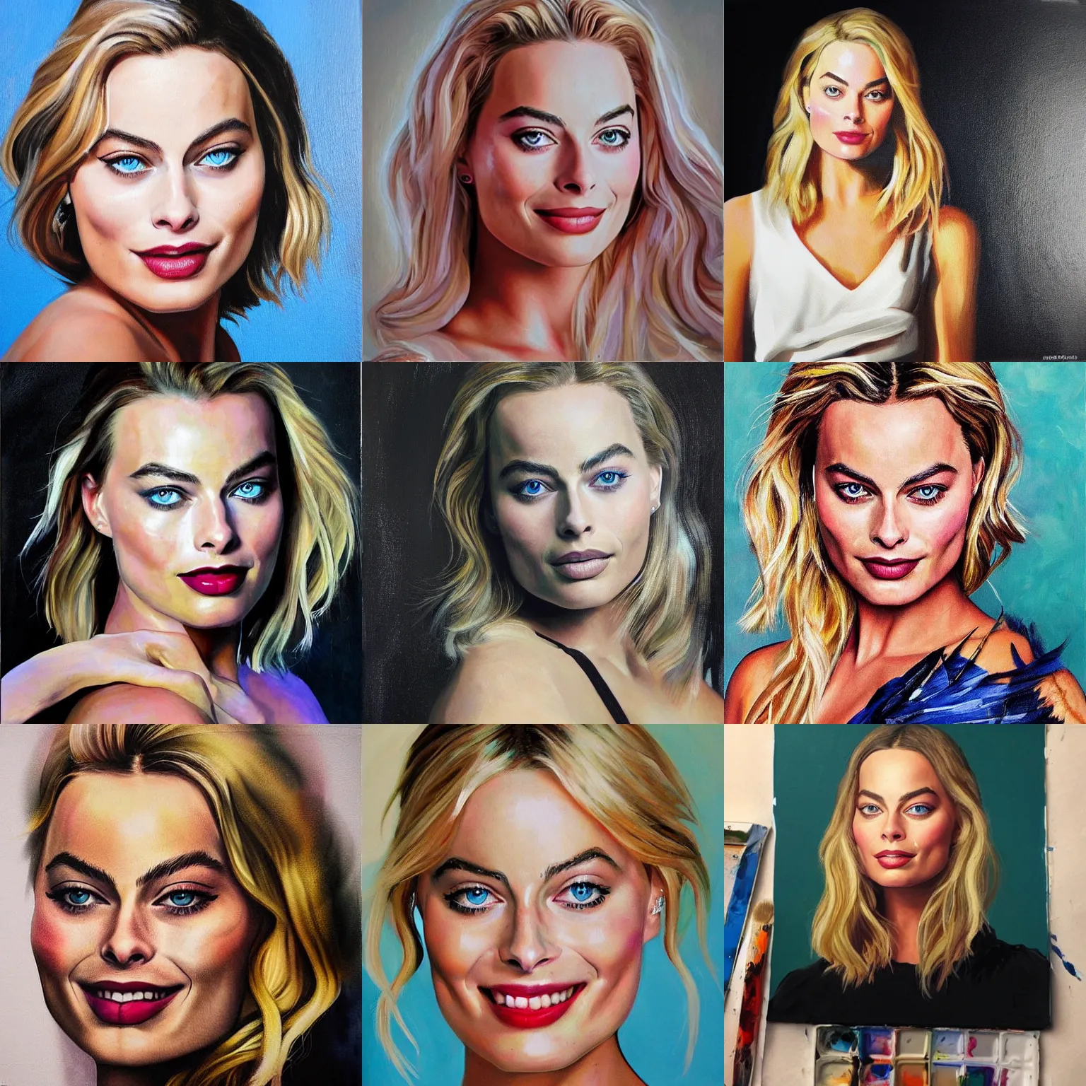 Prompt: bobb ross painting margot robbie, realistic, photo