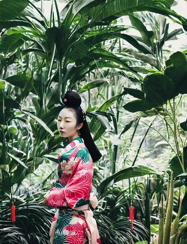 Image similar to fashion photograph of a beautiful Japanese woman wearing a traditional kimono in a tropical greenhouse, by Annie Leibowitz, by Alessio Albi, extremely detailed, large format camera, Fuji Provia film, bokeh, blurred background, photorealistic, trending on instagram, trending on artstation