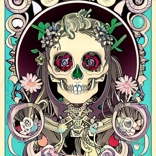 Image similar to anime manga skull portrait happy girl face skeleton illustration style by Alphonse Mucha and Takashi Murakami pop art nouveau