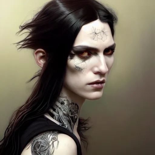 Image similar to portrait painting of an androgynous witch with shoulder length flowing black hair pale skin and beautiful dark brown eyes wearing a punk clothes, ultra realistic, concept art, intricate details, eerie, highly detailed, photorealistic, octane render, 8 k, unreal engine. art by artgerm and greg rutkowski and magali villeneuve and alphonse mucha