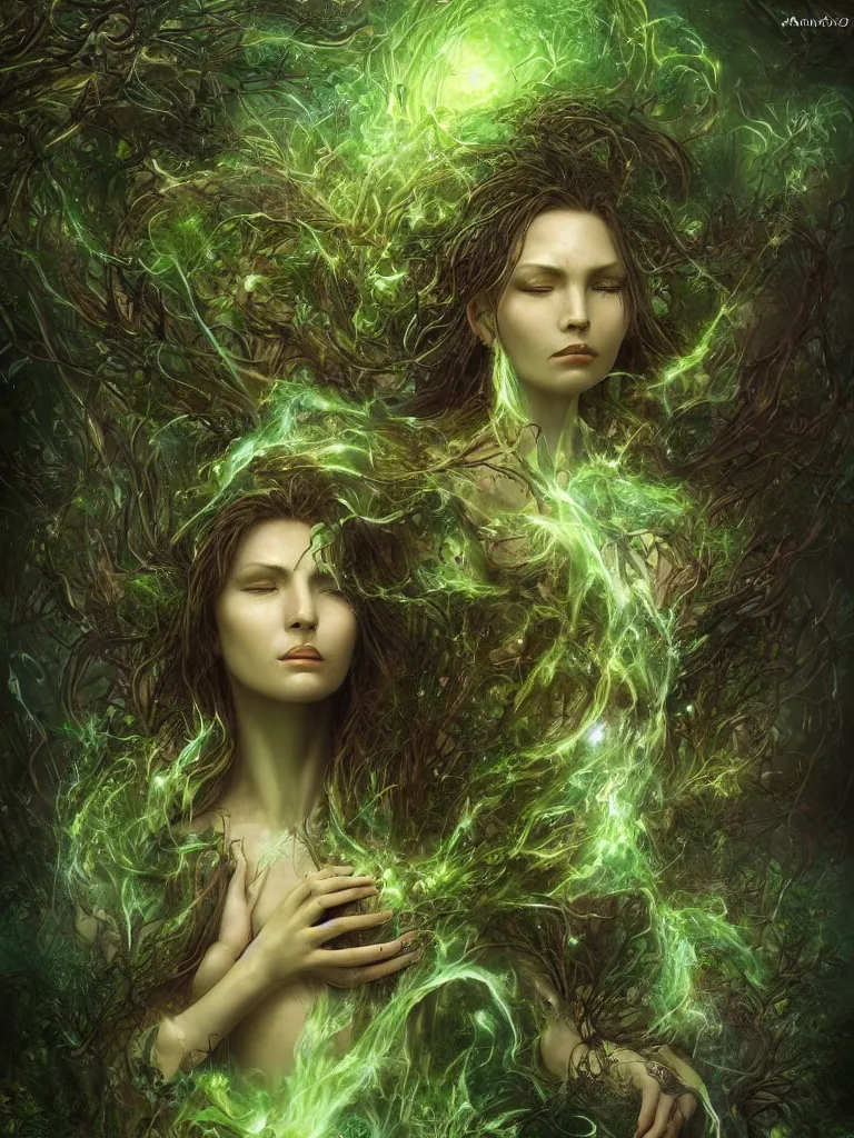 Image similar to an ancient mystical alluring female witch generating flowing energy and surrounded by wisps of green magic sits meditating in a magical overgrown garden temple, face face face, by karol bak, 3 d, cinema 4 d render, trending on artstation