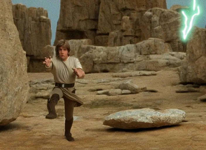 Prompt: epic still of Luke Skywalker using the force to levitate rocks above the ground in the air, ancient temple, from the 1980s film directed by Stanley Kubrick, cinematic lighting, kodak, strange, hyper real, stunning moody cinematography, with anamorphic lenses, crisp, detailed portrait, 4k image