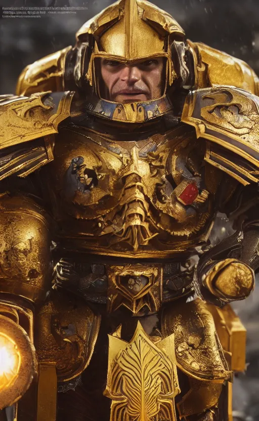 Image similar to angry Henry Cavill as warhammer 40k God-Emperor of Mankind dressed in his glowing golden power armor. full-length portrait, beautiful face, long hair, painted by Donato Giancarlo, intricate fine armor rune details, cinematic, highly detailed, octane render