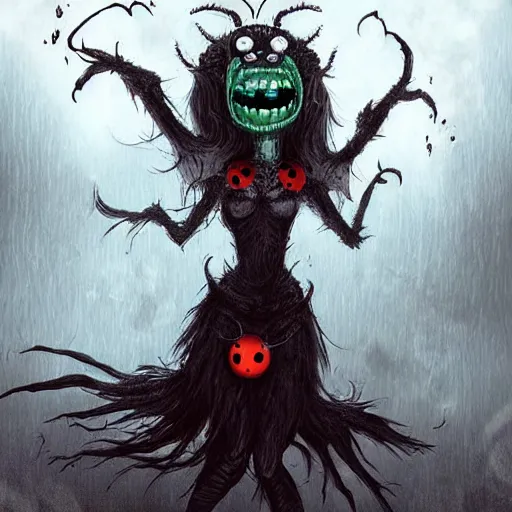 Image similar to ladybug as a monster, fantasy art style, scary atmosphere, nightmare - like dream, creepy