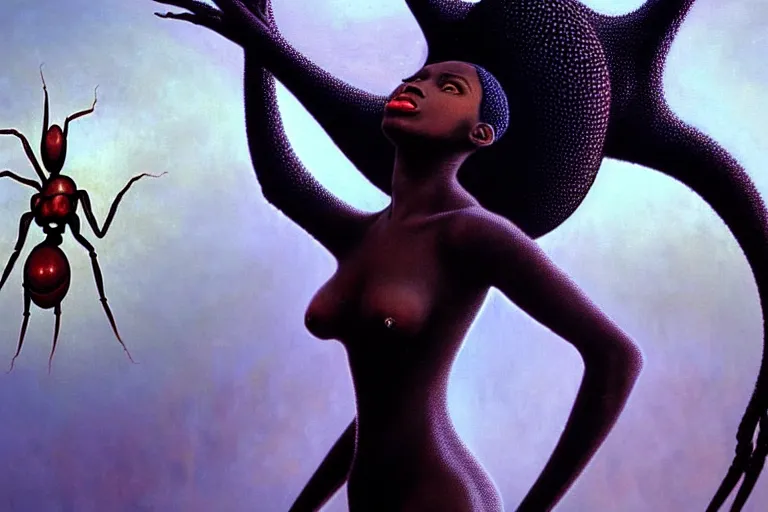 Image similar to realistic detailed closeup portrait movie shot of a beautiful black woman dancing with a giant spider, futuristic sci fi landscape background by denis villeneuve, jean deville, amano, yves tanguy, ernst haeckel, alphonse mucha, max ernst, caravaggio, roger dean, sci - fi necklace, fashion, masterpiece, rich moody colours