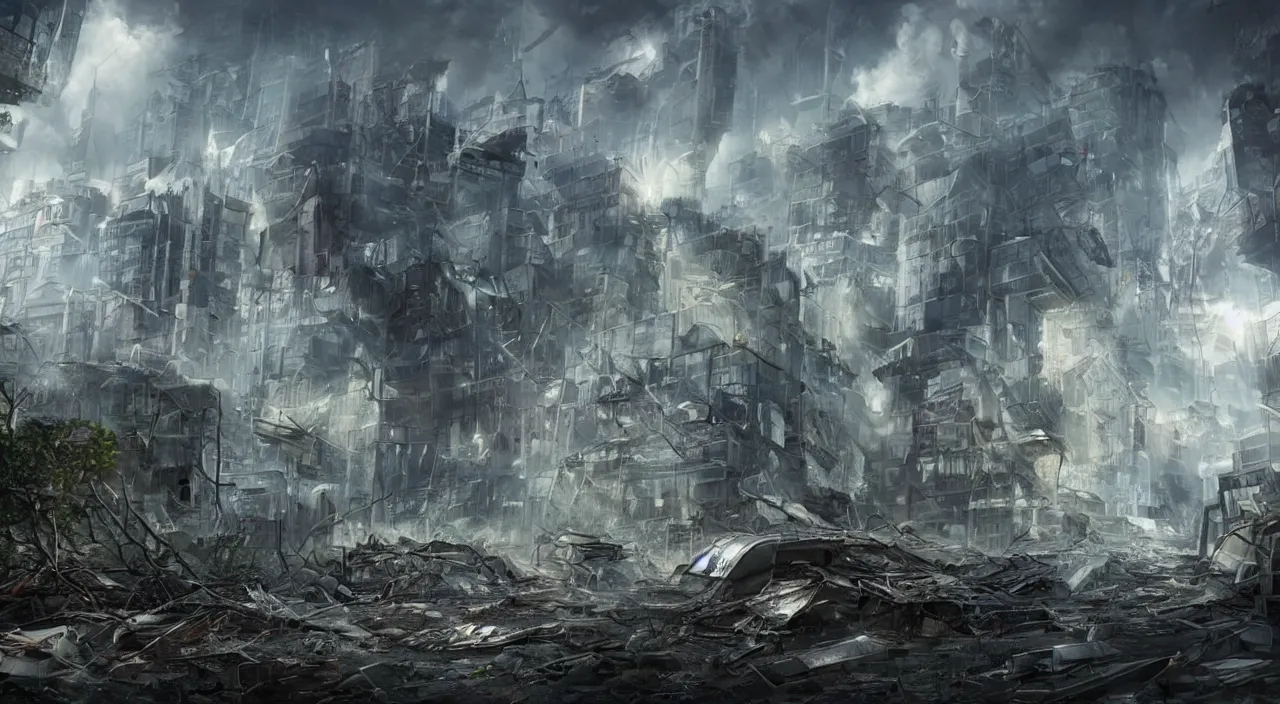 Image similar to damaged city, high - tech, concept art, forest, tornado, war