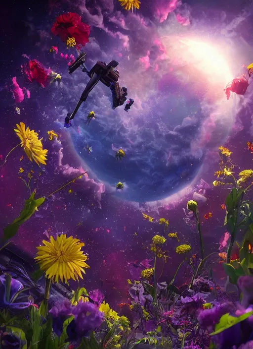 Image similar to An epic fantastic realism comic book style painting of the most beautiful flowers launched into space, bouquets, solar eclipse, fisheye, unreal 5, DAZ, hyperrealistic, octane render, dynamic lighting