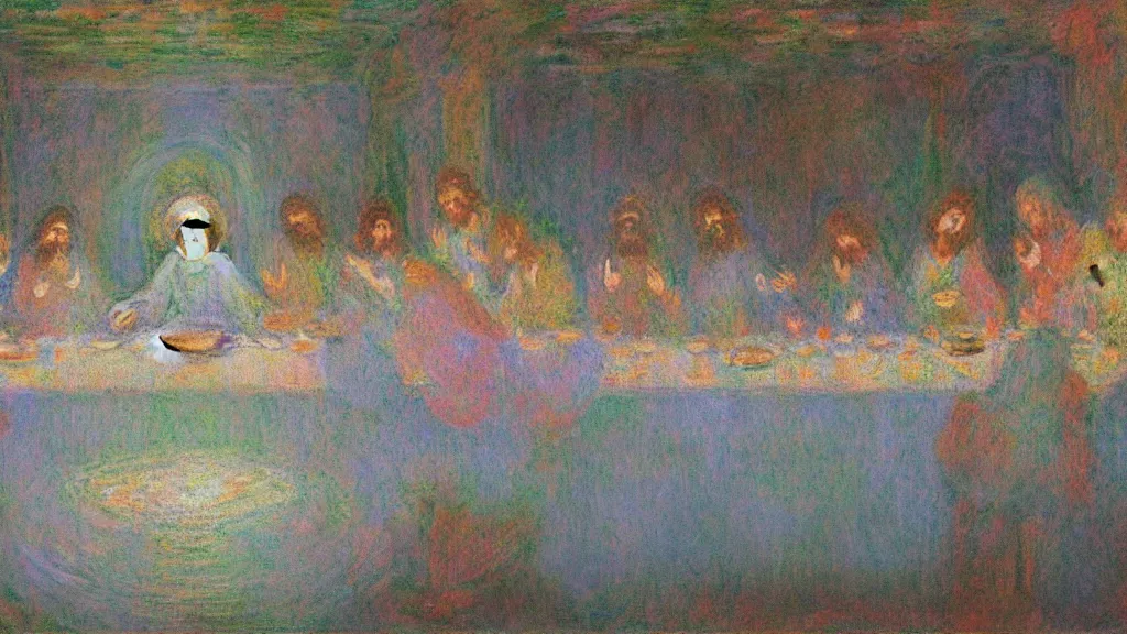 Image similar to the last supper in space in the style of claude monet, digital art.