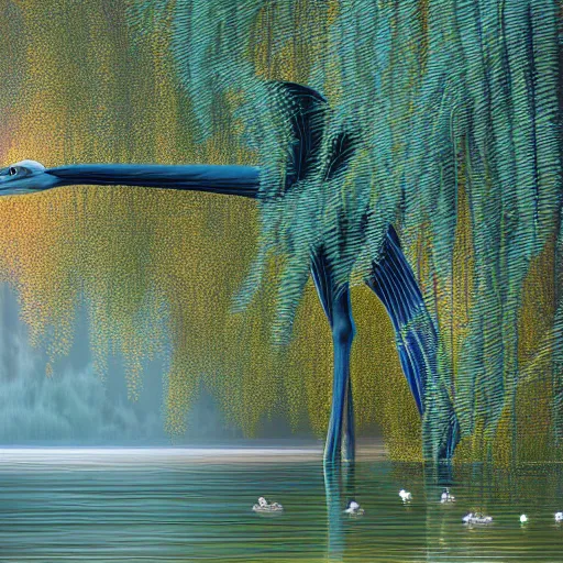 Image similar to a majestic blue heron in shallow river, waterfalls in distance, left border beautiful willow, right border cherry blosom trees, lily pads bullrushes marsh clouds, golden hour intricate by mcquarrie martin lagerstadt, digital art, highly detailed, artstation