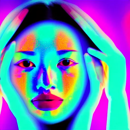 Image similar to a digital painting of a woman's face with colorful lights in the background, a hologram by li shida, featured on pixiv, holography, irridescent, holographic, psychedelic