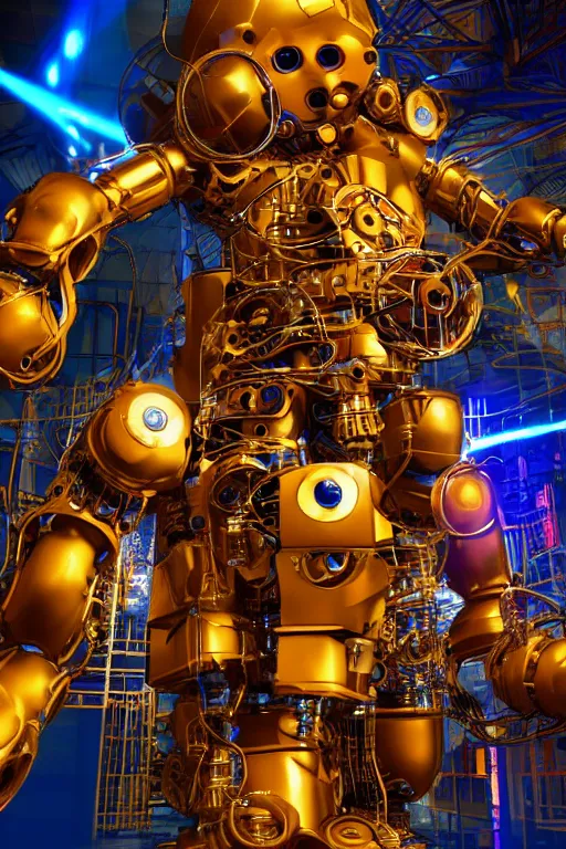 Image similar to portrait photo of a giant huge golden and blue metal humanoid steampunk robot with big gears and tubes in pieces all over the floor, eyes are glowing red lightbulbs, shiny crisp finish, 3 d render, 8 k, insaneley detailed, fluorescent colors, background is multicolored lasershow