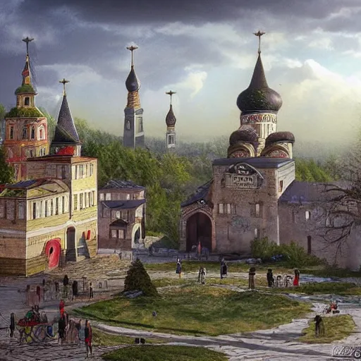 Prompt: photo fantasy ancient Russian city of Kitezh, concept art, cityscape, ancient Russian architecture, terem,