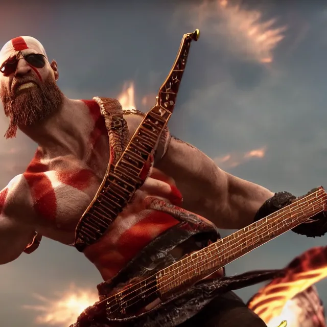 Prompt: sunglasses wearing kratos rocking out on a stratocaster guitar, cinematic render, god of war 2 0 1 8, playstation studios official media, sunglasses