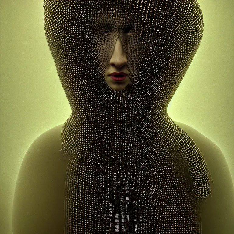 Image similar to symmetrical portrait painting of ribbed woman covered with metallic ribbed tubes by hieronymus bosch, lucid dream - like heavy atmosphere, baroque painting, perfect composition, detailed octane render trending on artstation, 8 k artistic photography, volumetric cinematic perfect light, chiaroscuro, masterpiece, raphael, caravaggio, beksinski, rutkowski, beeple