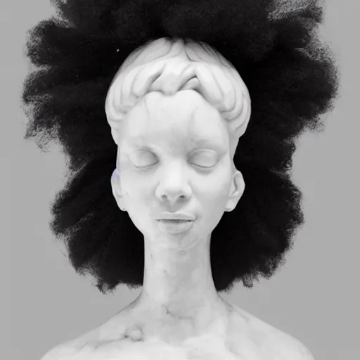 Prompt: a photorealistic all white marble sculpture of a black girl with a white afro crying