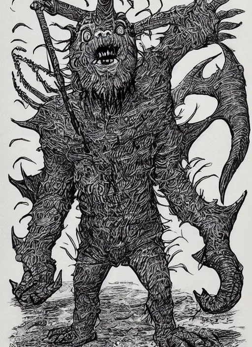 Image similar to tinky winky as a D&D monster, full body, pen-and-ink illustration, etching, by Russ Nicholson, DAvid A Trampier, larry elmore, 1981, HQ scan, intricate details, Monster Manula, Fiend Folio