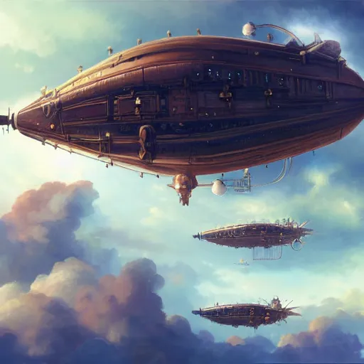 Image similar to a painting of a large steampunk airship fighting another airship in the sky, by charlie bowater, 4 k