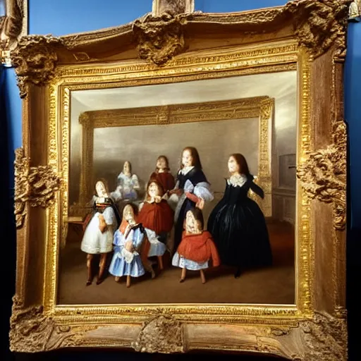 Image similar to super quality family portrait in the main room of the castle painted in 1 6 5 6, dark room, one point of light coming through the back door inspired by las meninas, clear spaces between each subject and good detail and realistic eyes, faces for each person in the canva, inspired by diego velasquez baroque style