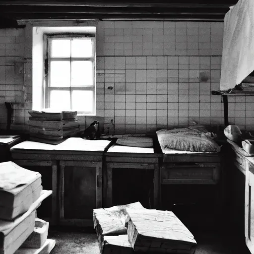 Prompt: An empty kitchen. The smell of a thousand meals linger in the air like an unpleasant memory. Sacks of flour and other supplies are stacked everywhere; the place looks more like a warehouse than a home, as if they aren't going to be cooking anything for at least another two months.