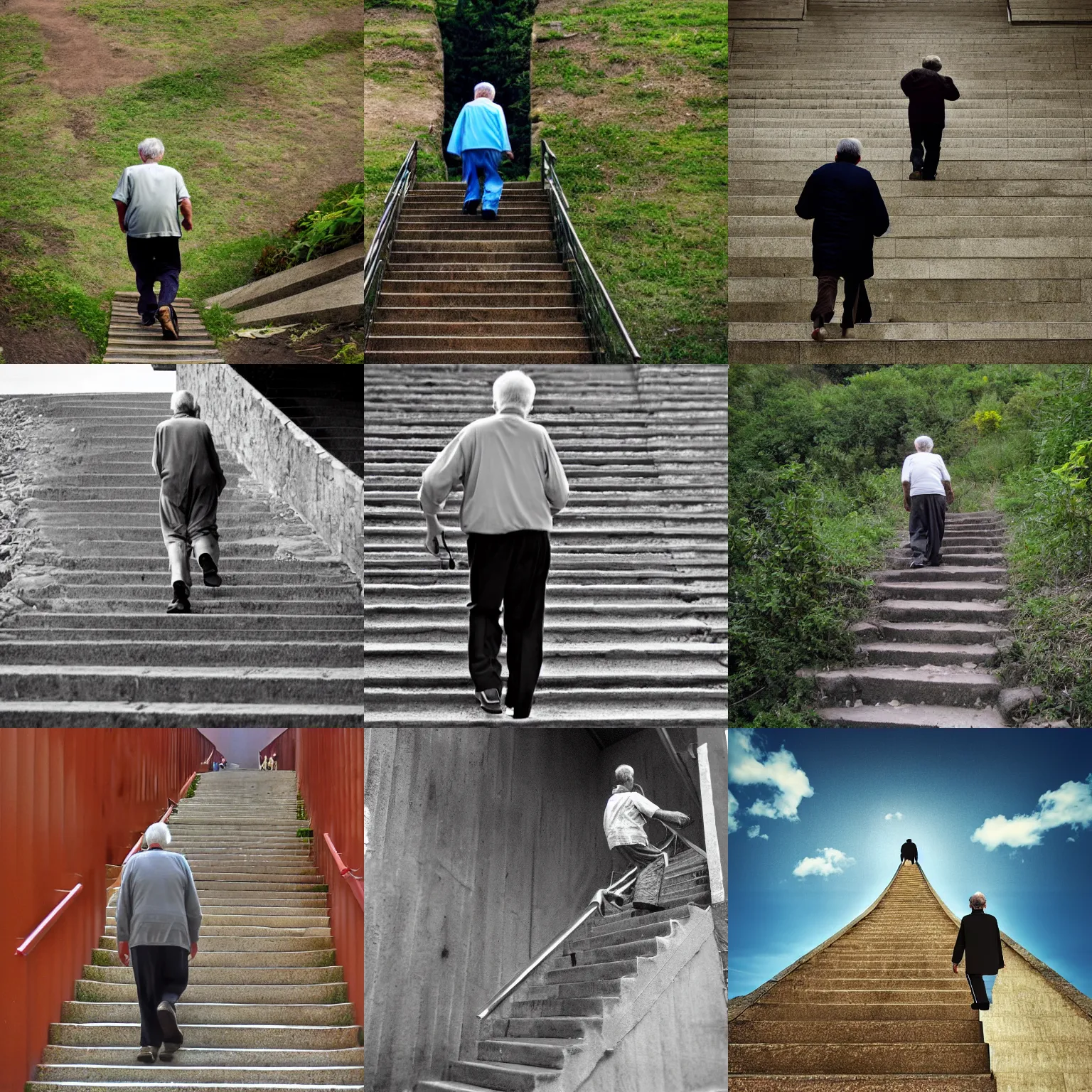 Prompt: old man walking up a staircase to heaven,