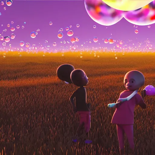 Prompt: black boys and girls floating on bubbles over a field of candy at sunset, by pixar, 8k, hd, rendered in unreal engine, wide angle, vibrant colors