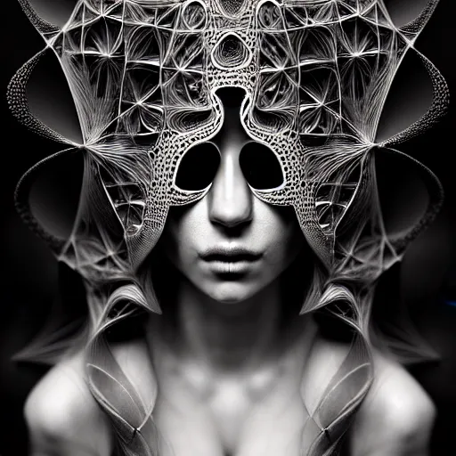 Image similar to portrait of a young beautiful woman with a mask. contemporary photograph and speed painting and fractal and mandelbulb and lines and scribble art. black and white. intricate, elegant, super highly detailed, professional digital painting, artstation, concept art, smooth, sharp focus, no blur, no dof, extreme illustration, Unreal Engine 5, Photorealism, HD quality, 8k resolution, cinema 4d, 3D, beautiful, cinematic