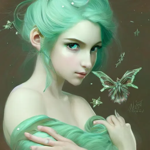 Prompt: Portrait of magical girl, dreamy and ethereal, mint green eyes, peaceful expression, ornate frilly dress, fantasy, intricate, elegant, beautiful, digital art, dynamic lighting, golden ratio, highly detailed, digital painting, trending on artstation, concept art, smooth, sharp focus, illustration, photo realistic, art by artgerm and greg rutkowski and alphonse mucha, 4K