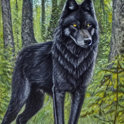 Image similar to wild and majestic black wolf beautifully standing in the shadows of some trees on a sunny day in a forest with heterochromia eyes, award winning, oil painting, high detail, high quality, 4k, stunning