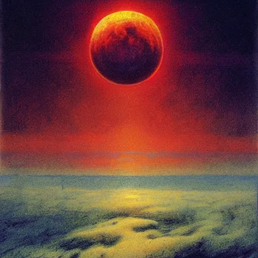 Image similar to nuclear blast moon eclipse, sci - fi, wet brush, poster art, concept art by beksinski and jean delville, illustrated in the style of iain mccaig