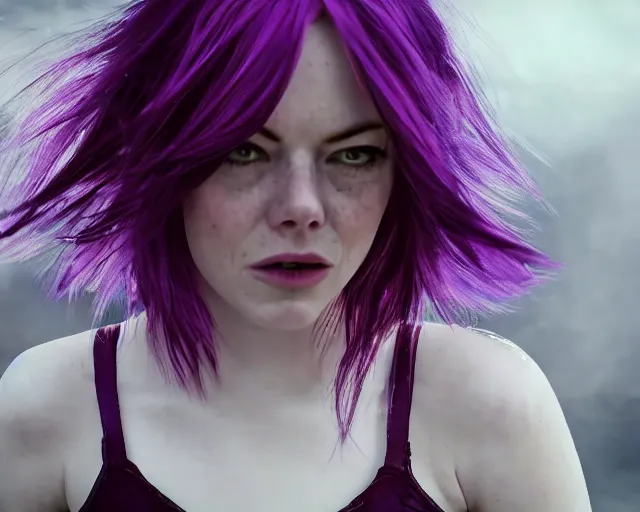 Image similar to purple-haired Emma Stone, epic knife battle pose, cinematic, 4k, hyper realistic, super detailed