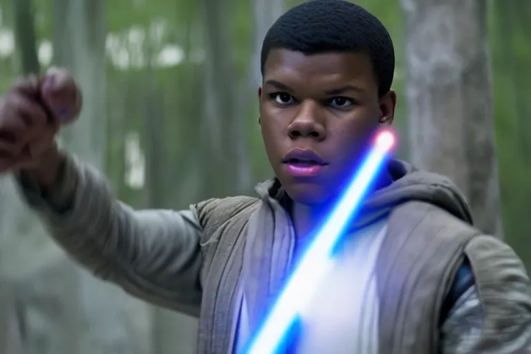 Image similar to Star Wars, Finn played by John Boyega does jedi training with a lightsaber ultra realistic, 4K, movie still, UHD, sharp, detailed, cinematic