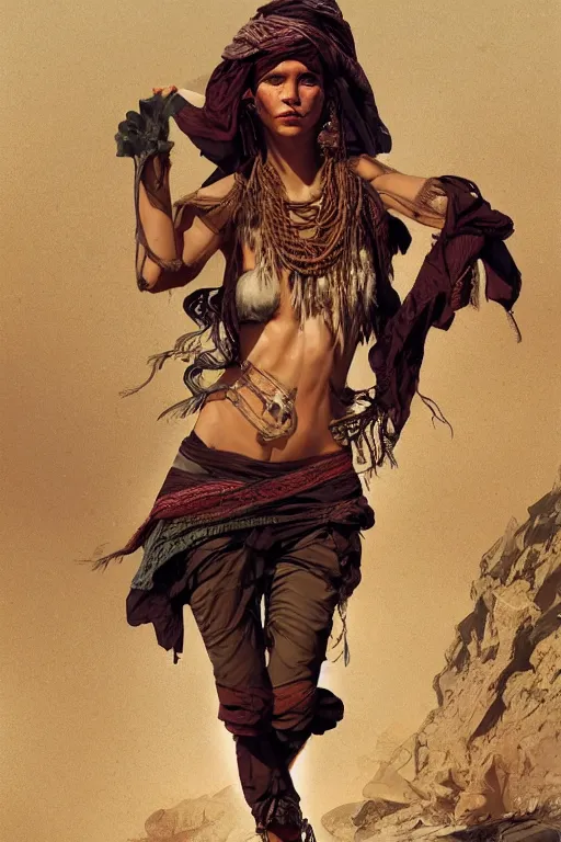 Image similar to a full body portrait of a beautiful post apocalyptic offworld desert bedouin thief savage rogue in beggars clothes in ballet pose by the emerald oasis pools, intricate, elegant, highly detailed, digital painting, artstation, concept art, smooth, sharp focus, illustration, art by krenz cushart and artem demura and alphonse mucha