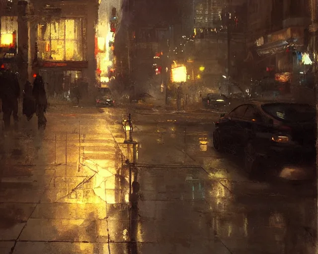 Image similar to detailed street scene, volumetric lighting, painting by jeremy mann