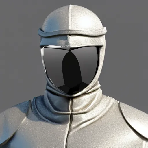 Image similar to 3 d rendering of marble and chrome statue of ninja wearing full face mask and hunter hat, combat suit, technological, octane render