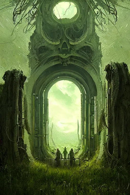 Image similar to portal from hell to a beautiful green meadow by giger, greg rutkowski