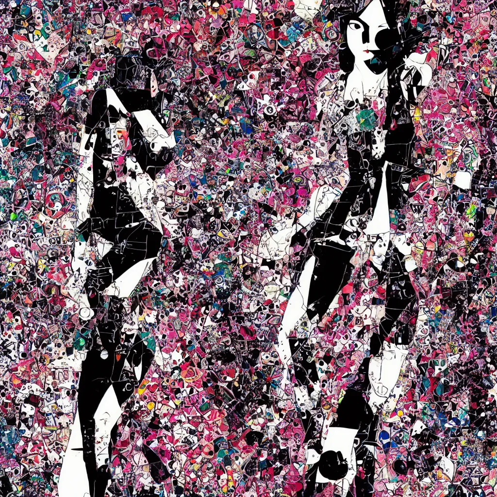 Image similar to girl figure, abstract, jet set radio artwork, ryuta ueda artwork, cryptic, rips, spots, asymmetry, stipple, lines, glitches, color tearing, pitch bending, stripes, dark, ominous, eerie, hearts, minimal, points, otomo katsuhiro artwork, technical, natsumi mukai artwrok, folds