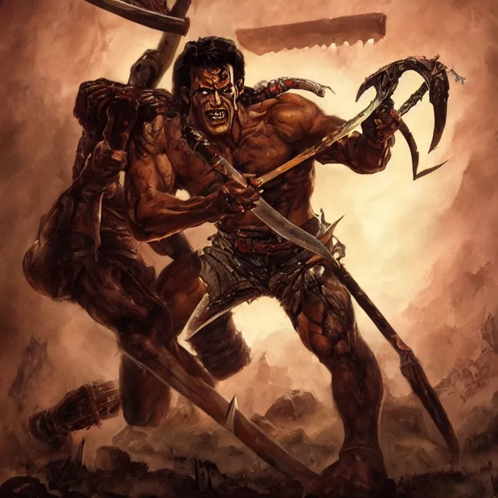 Prompt: Ash Williams from The evil dead, manowar album, Muscular man, striking demon with large bloody barbarian sword, D&D, fantasy, intricate, cinematic lighting, highly detailed, digital painting, artstation, concept art, smooth, sharp focus, illustration by Frank Frazetta,