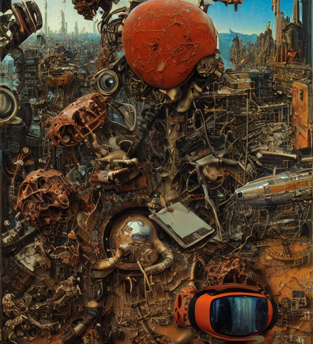 Prompt: junky men with computer, cybertronic gadgets and vr helmet, durty colours, rotten textures, rusty shapes, flesh + technology, biotechnology, norman rockwell, tim hildebrandt, dariusz zawadzki, bruce pennington, larry elmore, intricate, hyperrealistic oil painting on canvas, deep depth field, cinematic composition, hyper - detailed