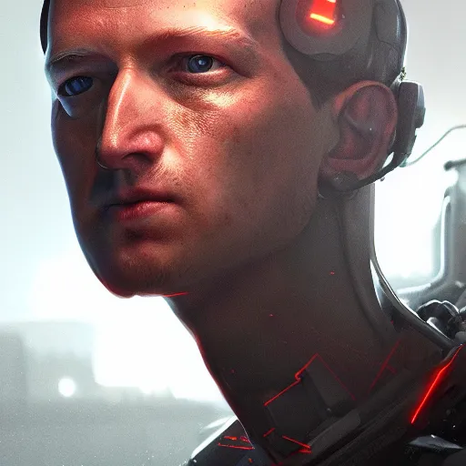 Image similar to mark zuckerburg is an android with red eyes, cybernetic, artstation, by greg rutkowski, realistic, 4k, octane render,