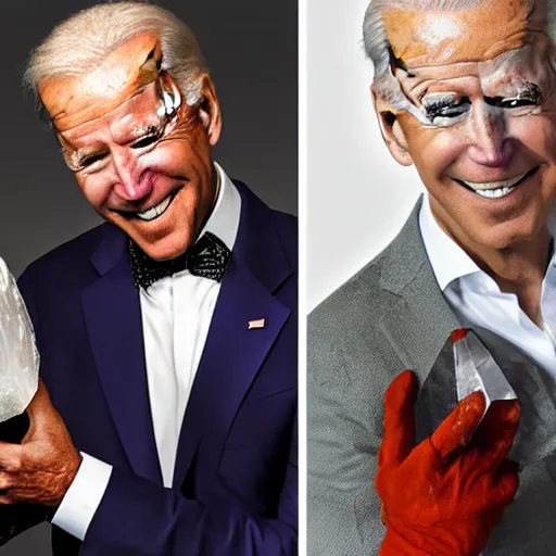 Prompt: UHD candid photo of Joe Biden and Hunter Biden holding up a giant quartz crystal, wearing clown makeup, UHD, photorealistic, correct face, photo by Annie Leibowitz