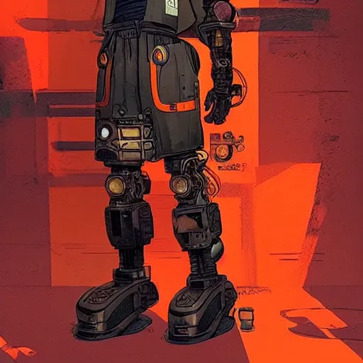 Image similar to hector. cyberpunk mechanic dude with robotic legs. orange and black color scheme. concept art by james gurney and mœbius. apex legends character art