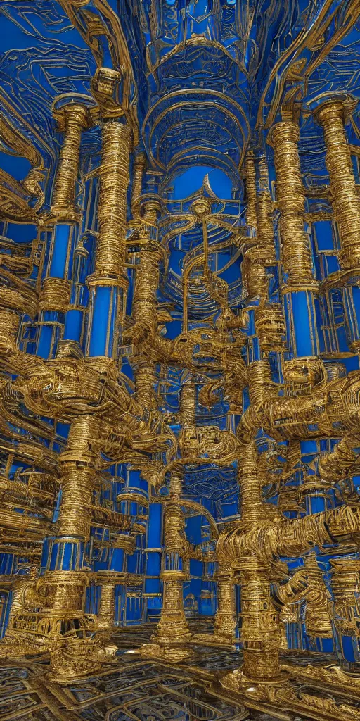 Prompt: full body shot of a huge architectural complex made of gold and metal and blue iron, excavated by blue rivers, victorian ornaments, highly detailed, technical, render, digital blueprint, concept art, sharp focus, global illumination, ray tracing, nvidia, realistic shaded, octane render