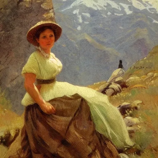 Image similar to a beautiful woman posing in the mountains, oil painting, 1 8 7 0,