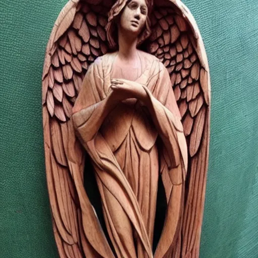 Prompt: Beautiful angel with spread wings and flowing robes, carved in wood, trending on Pinterest